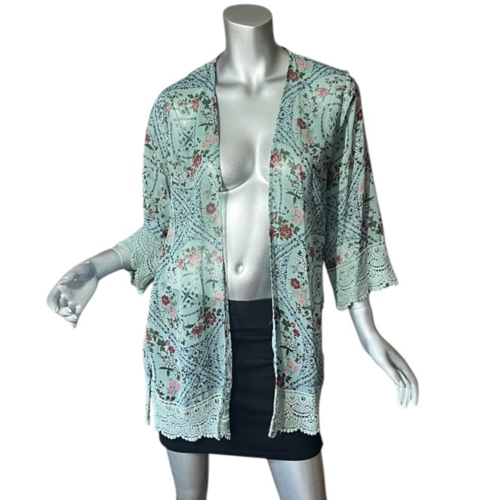 Mason & Belle SMALL Floral Crochet Lace 3/4 Sleeve Open Front Sheer Cardigan Top